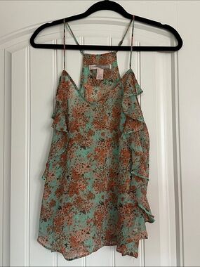Forever 21 Mint & Rust Floral Ruffle Spaghetti Strap Camisole